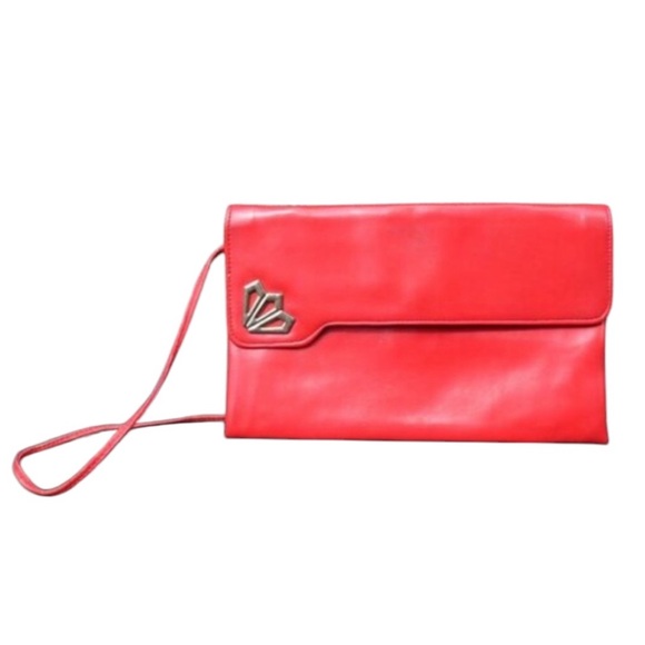 VTG 80s Red Convertible Shoulder Hand Bag Clutch Purse Built-in Compact Mirror - Picture 2 of 16